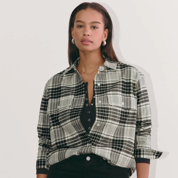 Everlane Boyfriend Flannel Shirt Black White Plaid 100% Organic Cotton Size M - Picture 2 of 8